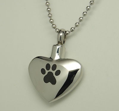 BLACK PAW PET CREMATION URN NECKLACE STAINLESS HEART URN PET URN DOG 