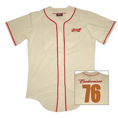 Budweiser Retro Baseball Jersey Khaki with Red Trim 96% Cotton 4% 