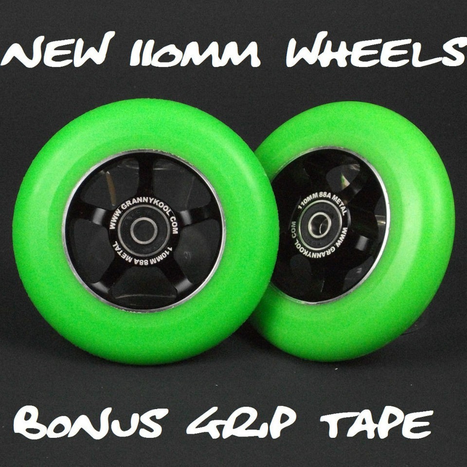   Green Spoked Metal Core Scooter Wheels x2 inc Bearings & Grip Tape