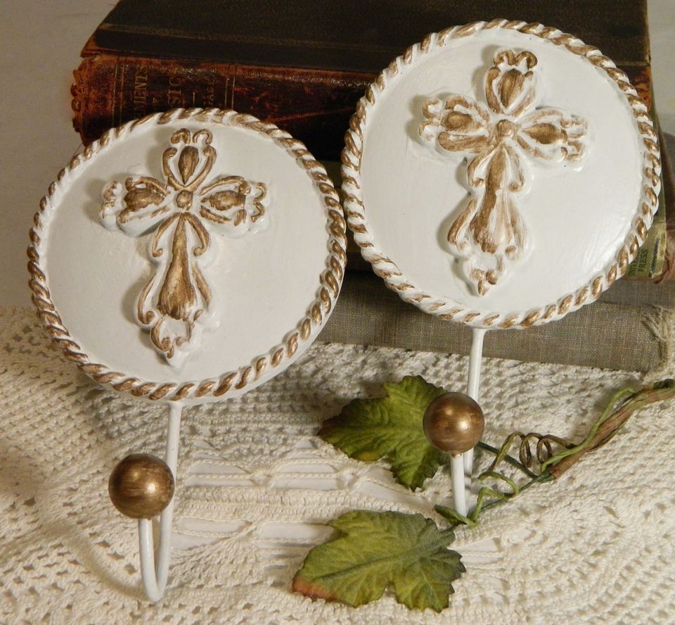 Wall Hooks/Hat Rack/White/Gold/Medallions/Crosses/French/Shabby 