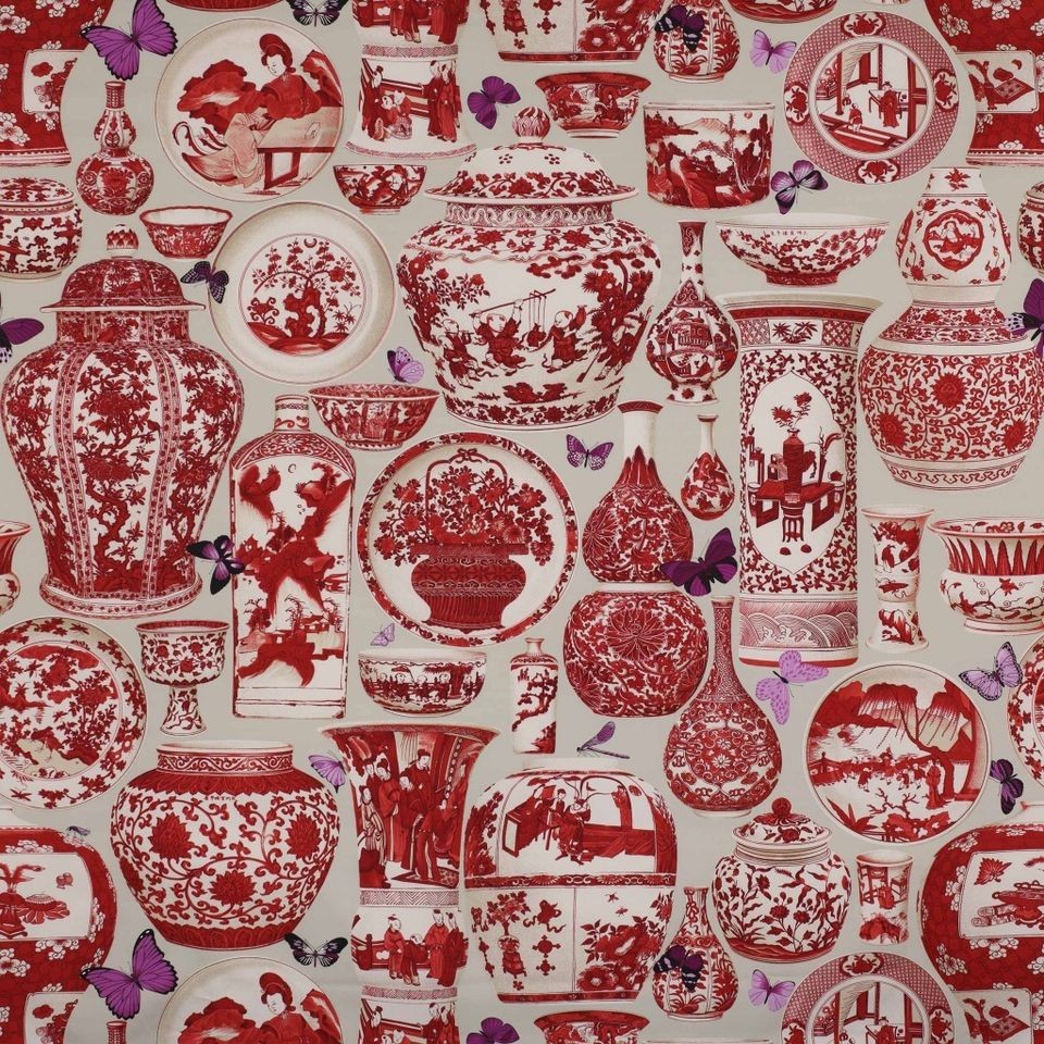   CANOVAS CHINOISERIE JARDIN BLEU TOILE FABRIC 10 YARDS ROUGE DE CHINE