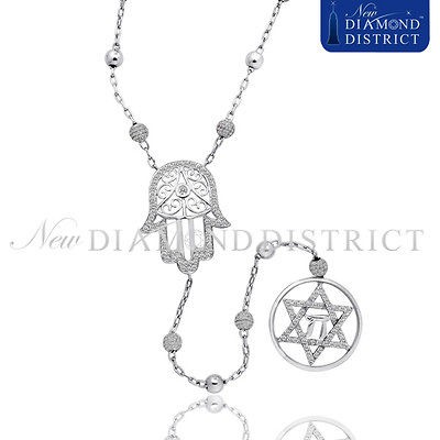   96CT DIAMOND JEWISH STAR OF DAVID CHAI & HAMSA ROSARY CHAIN NECKLACE