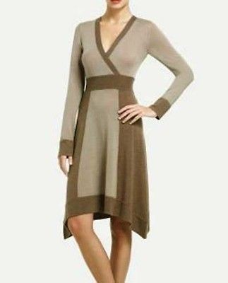 298 BCBG GRAVEL COMBO SANDRA V  NECK RIBBED KNIT SWEATER DRESS NWT 