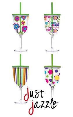 Slant Wine Glass Drink Insulated Green Lid Straw 13 oz Bright Flowers 