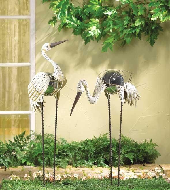 Set of 2 Metal CRANE/STORK Wading Bird GARDEN STAKES w/ Gazing Ball 