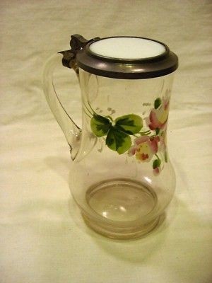 Antique RARE Ladies Glass Drinking Stein w Pewter Lid