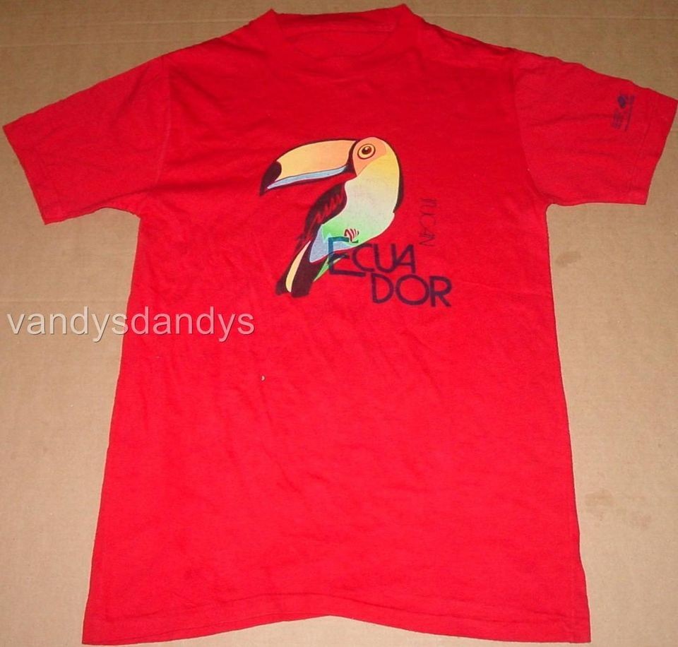 vtg ECUADOR toucan SHIRT bird RED small S hand printed MENS womens 