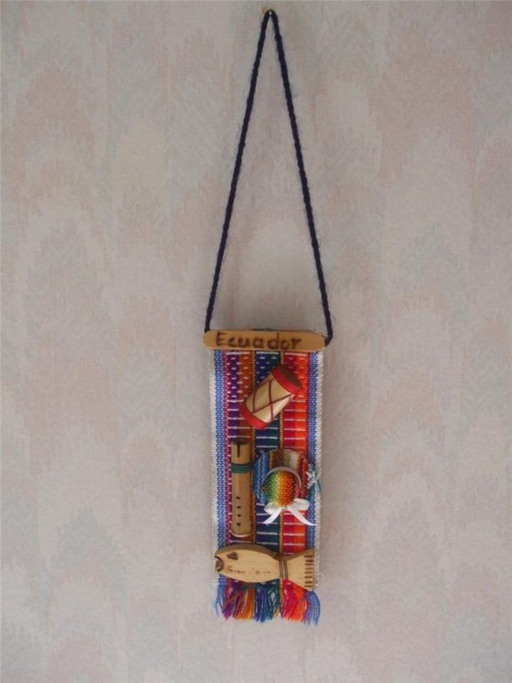 Ecuador wall hang Souvenir mini carpet with wood miniatures drum fish 