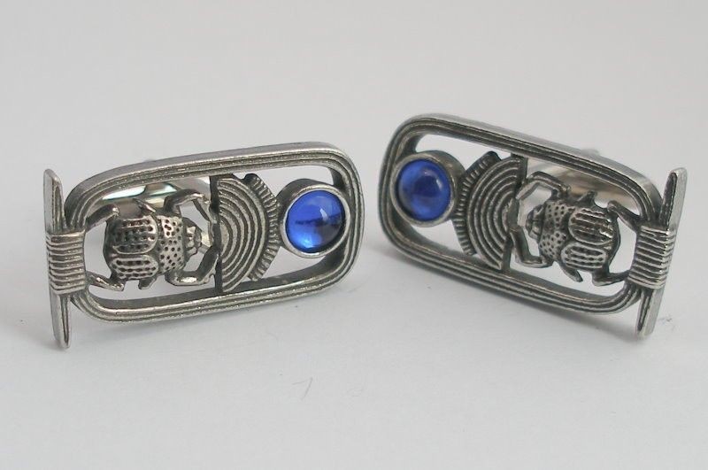 Egyptian Scarab (Blue Gem) Cufflinks in Fine English Pewter, Gift 