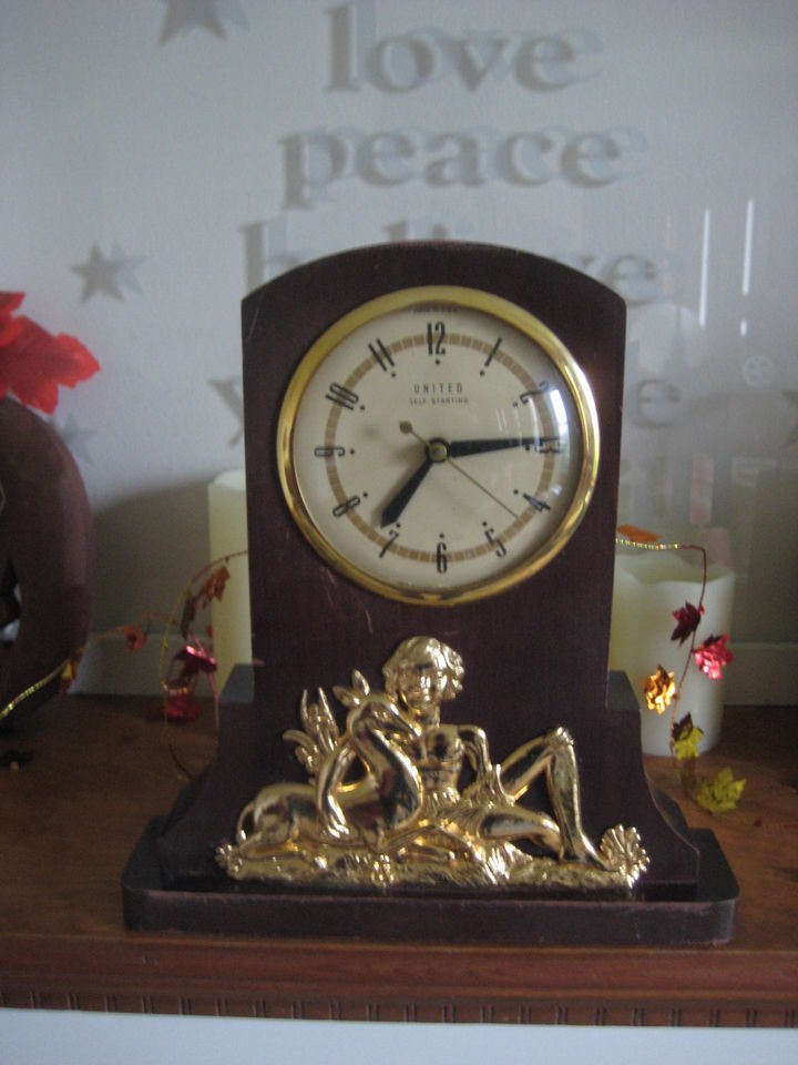   Deco United Mantle Clock Boy & Fawn Deer, Wood with Gold tone design