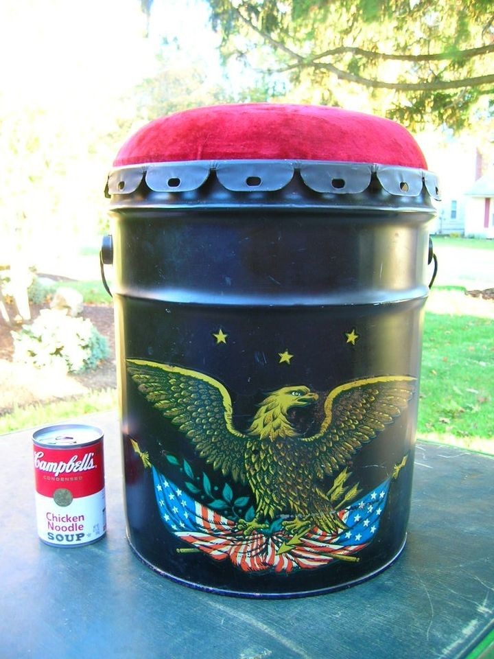   70s~ USA EAGLE FIREPLACE ASH CAN BUCKET/UTILITY CUSHION SEAT~FIX FIRE