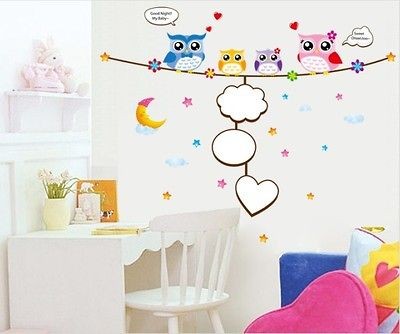 New Baby love Cute Four Owls & Moon& Star Nursery Room Wall sticker 