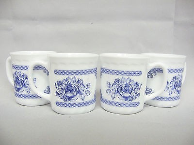 Arcopal France Honorine Set of 4 Mugs Cups Blue Floral Pattern Toile 