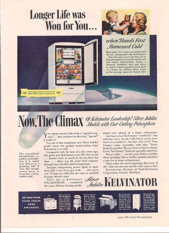 1938 VINTAGE KELVINATOR REFRIGERATOR LONGER LIFE WAS WON FOR YOU PRINT 