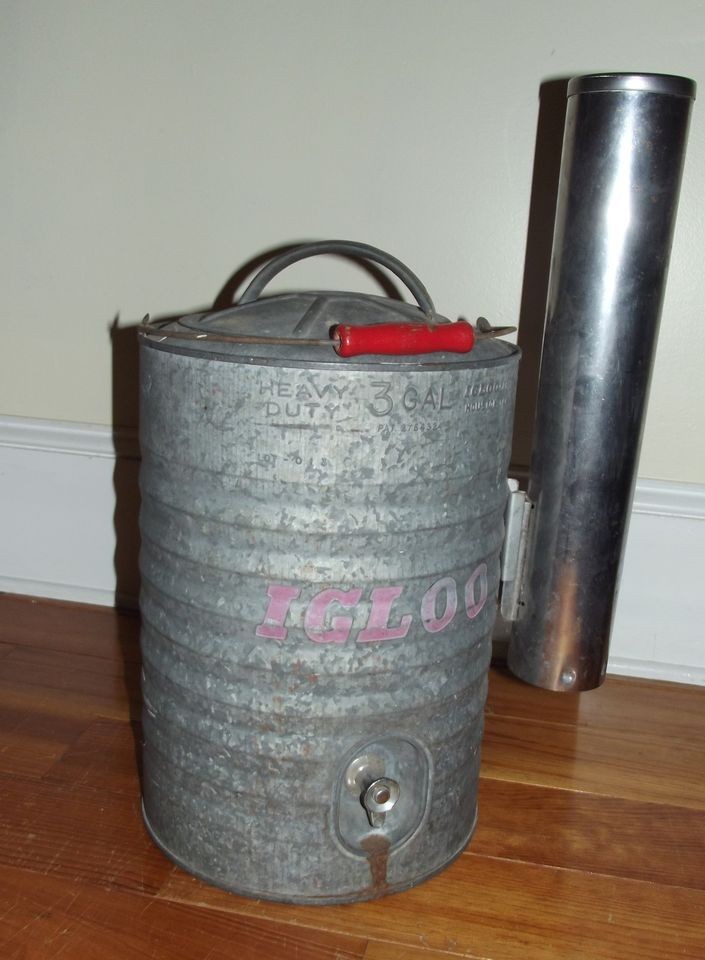 Igloo galvanized three gallon vintage cooler with red wood handle and 