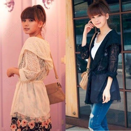 Korean Style Girls Womens Elegant Chiffon Lace Dress Jacket Hoodile 