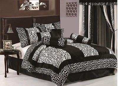 11pc Black White Zebra Giraffe Bed in a Bag Comforter Set + Window 