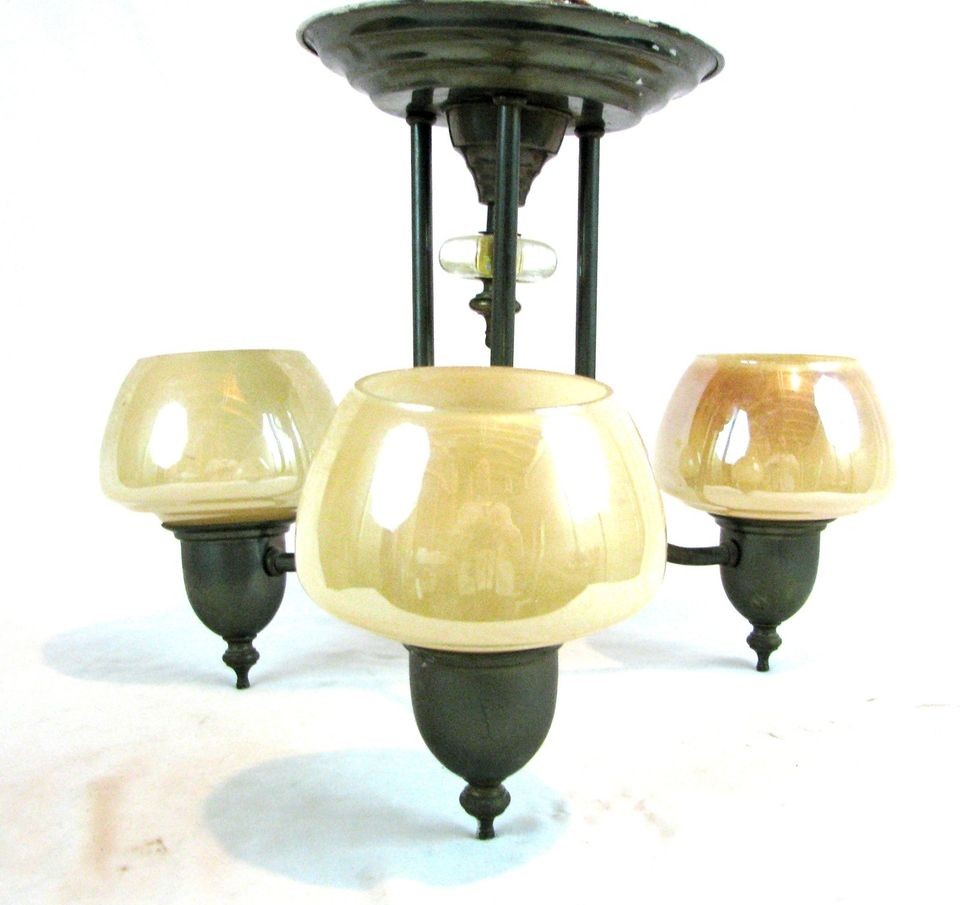 Vintage Brass Art Deco Ceiling Light Fixture with Glass Slip Shades