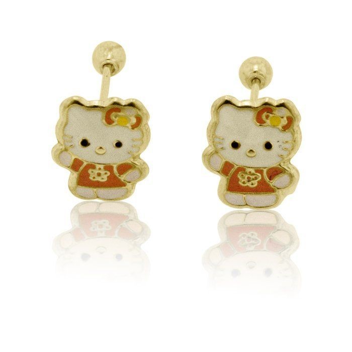 14K Solid Yellow Gold Hello Kitty Full Body Stud Earrings Safety Screw 