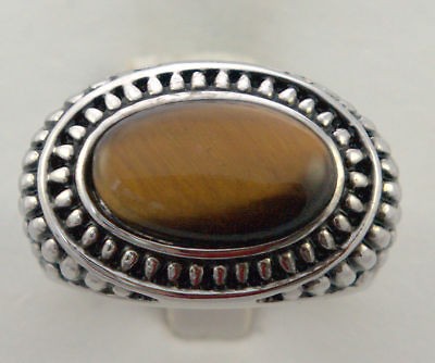 Tiger eye AWESOME detailed GREEK DESIGN mens ring WHITE gold overlay 