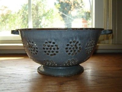 Antique Primitive Gray Grey Graniteware Mottled Enamelware Colander 