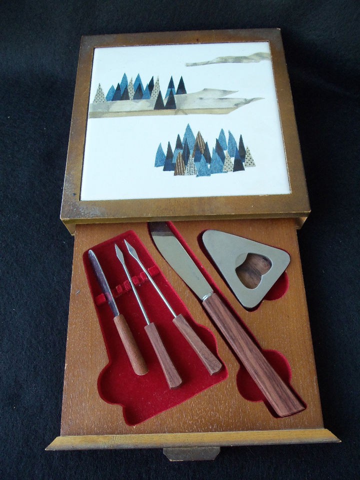   Bar Set Wood Box w/Bar Tools TILE CUTTING BOARD TOP UNIQUE