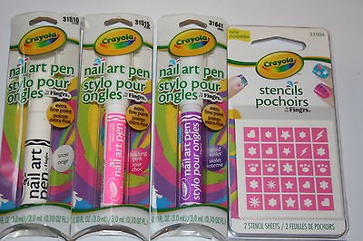 Crayola Fingernail Polish Art Pens Fine Point & 1 Stencil Pack 3 