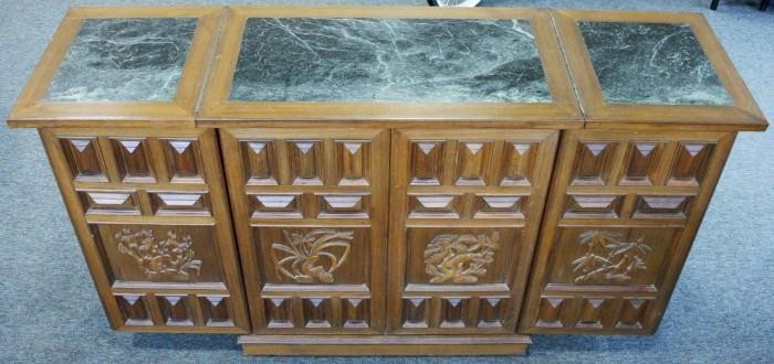 Vintage Dark Green Marble Carved Teak Folding Home Bar