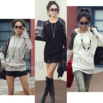 Women Leopard Batwing Long Sleeve T shirt Top Casual Loose Pullover 