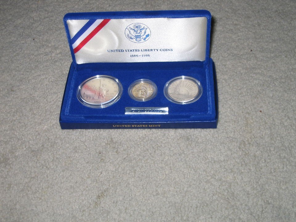 1986 3 Coin Set Statue Of Liberty Commemorative BU Gold & Silver .