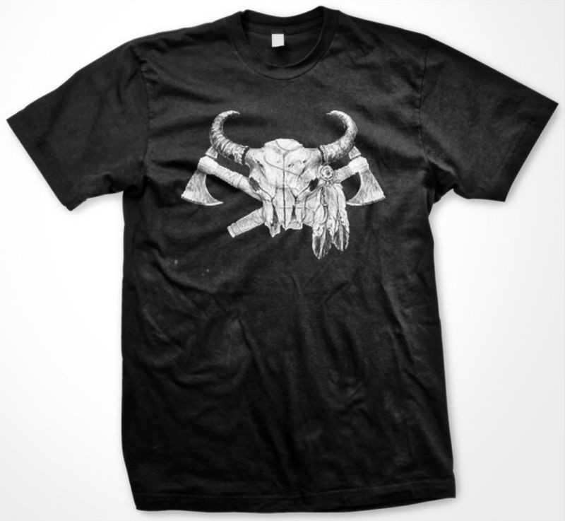 Indian Sacred Cow Skull Cross Axes Tribal Mens T shirt