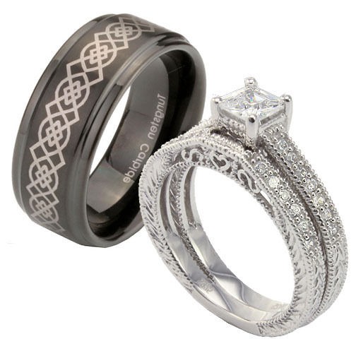 Matching Celtic Black Tungsten Bands Silver Bridal Set