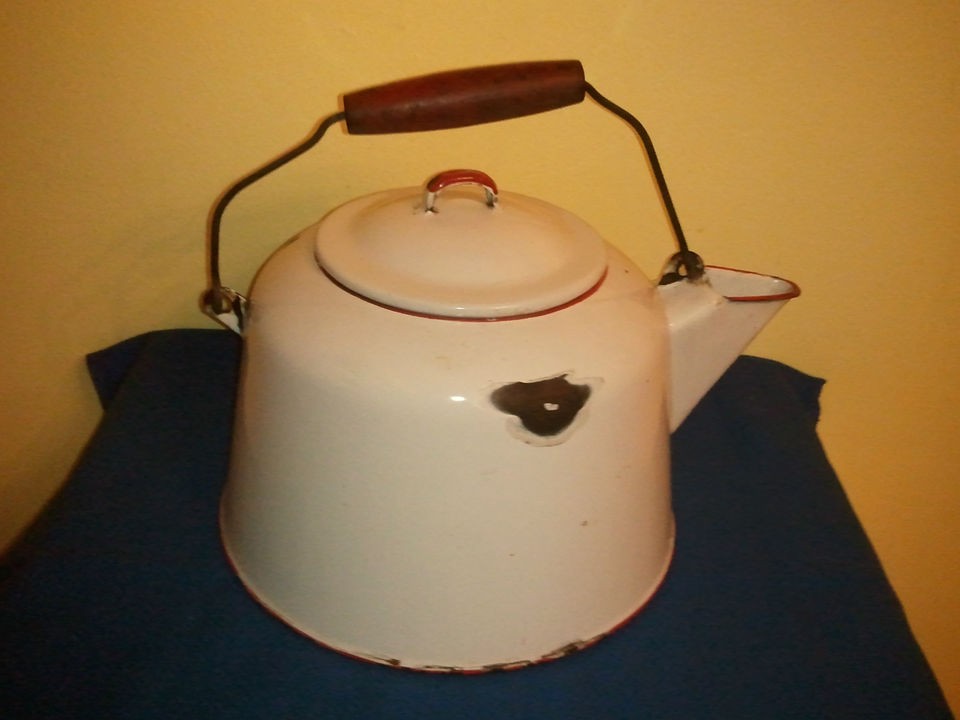 White Enamelware Kettle with Red trim and Red wooden handle
