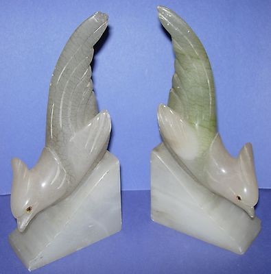 Carved Alabaster Bird Bookends   Vintage Art Deco