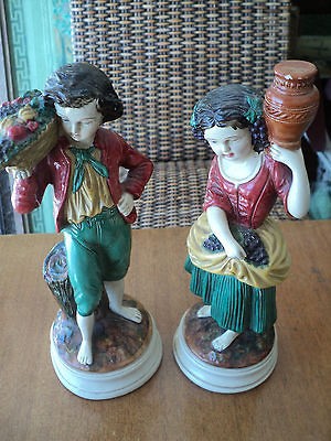 ITALIAN BORGHESE PAIR FIGURINES PHEASANT BOY W/ FRUIT BASKET & GIRL 