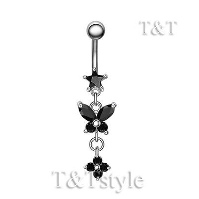 Black CZ Butterfly Dangle Belly Bar Ring BL94D