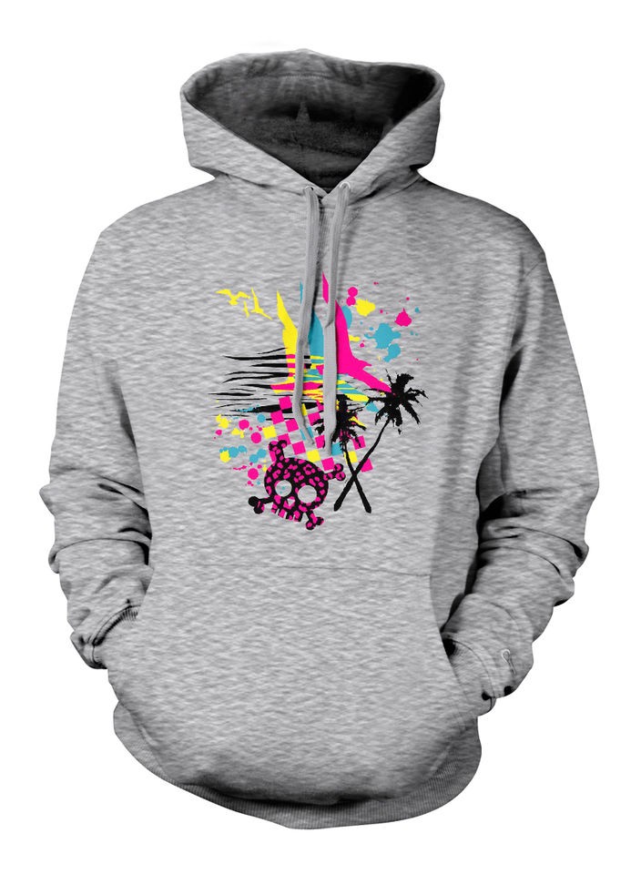 Skulls Palm Trees Sweatshirt Hoodie Funky Neon Colors Tattoo Designer 