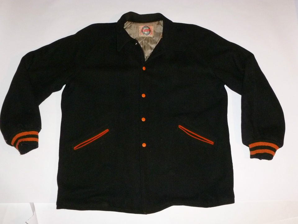 VINTAGE EMPIRE VARSITY JACKET HEAVYWEIGHT WOOL BLACK/ORANGE TRIM 