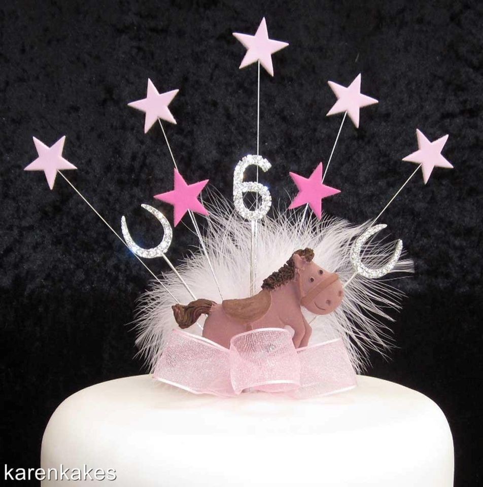 PONY BIRTHDAY CAKE TOPPER WITH DIAMANTE AGE AND HORSESHOES 4th 5th 6th 
