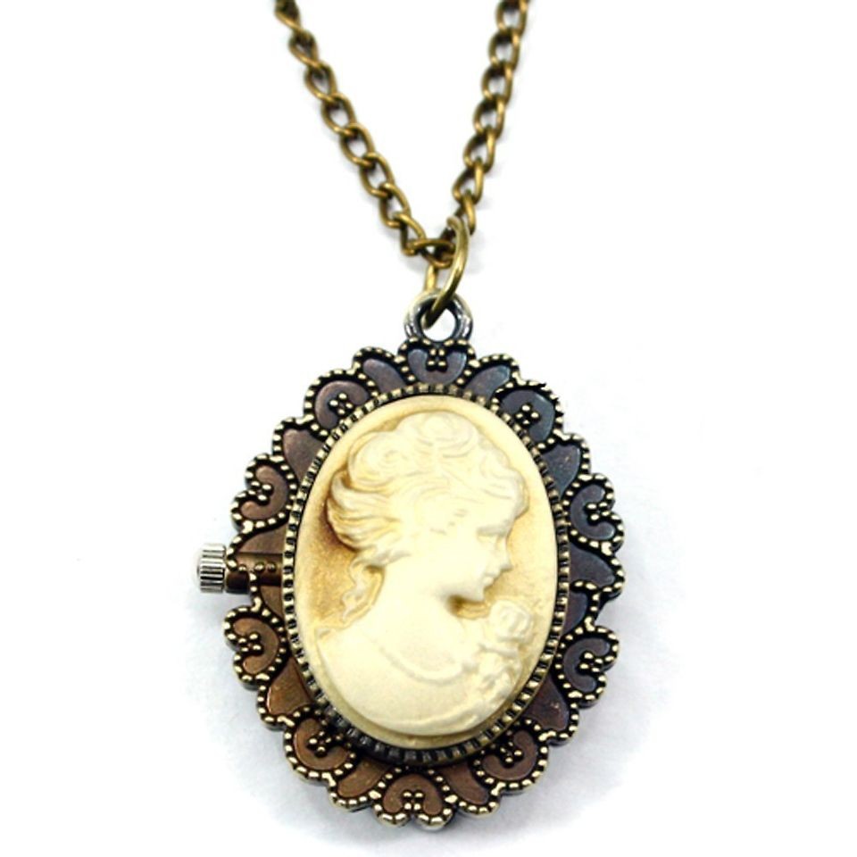   Cameo Front Back Face Quartz Pocket Watch Chain Pendant Necklace