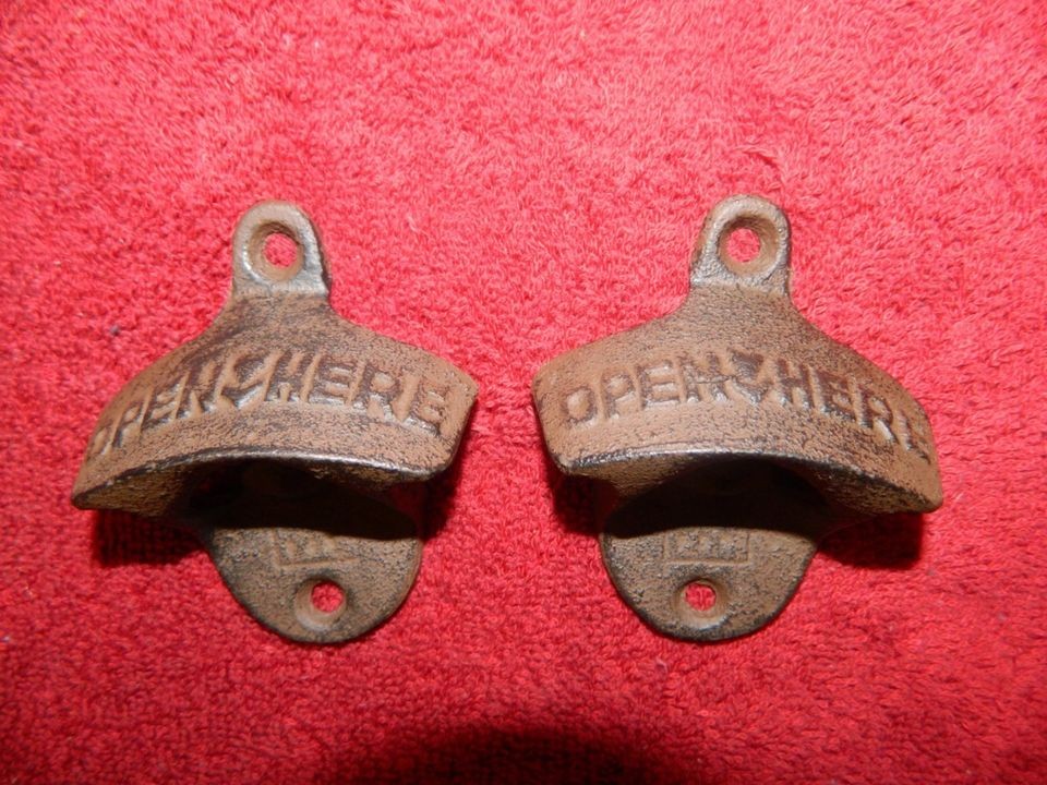 Set/2 ~Old Style Iron Wall Mounted Open Here Beer Bottle Opener