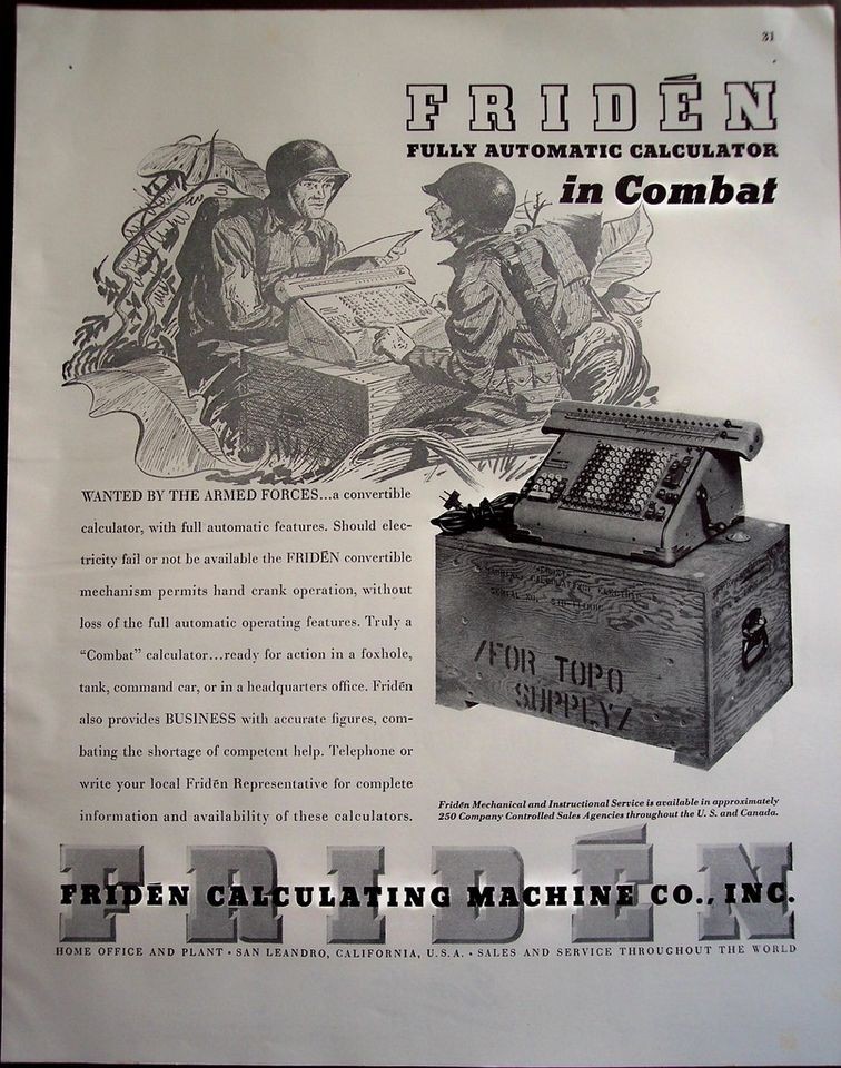 1945 Friden Calculator for Armed Forces vintage ad