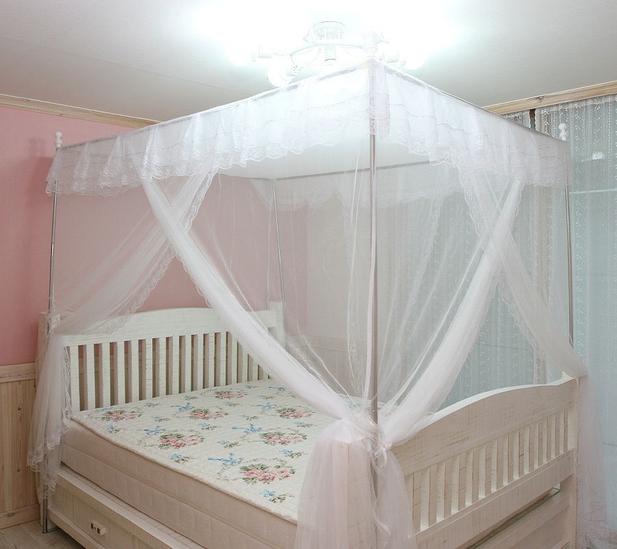 Pink Luxury 4 Post Lace Bed Canopy Set Mosquito Net 185x220cm Frame 