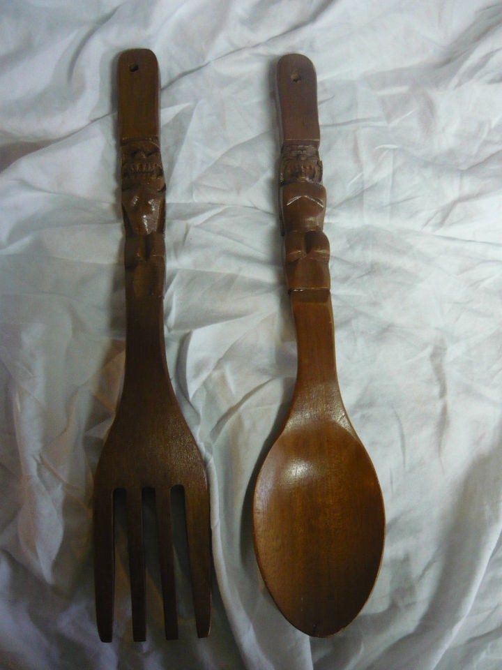 Vintage TIKI GOD SALAD FORK SPOON WOOD Hawaii bar LUAU