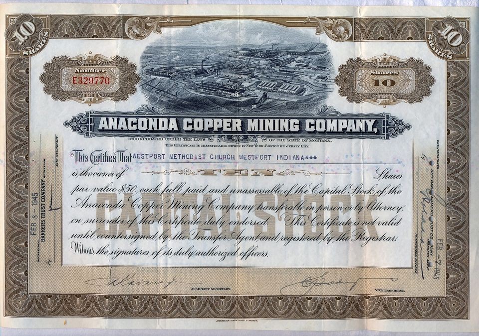 Anaconda Copper Mining Company Stock Certificate