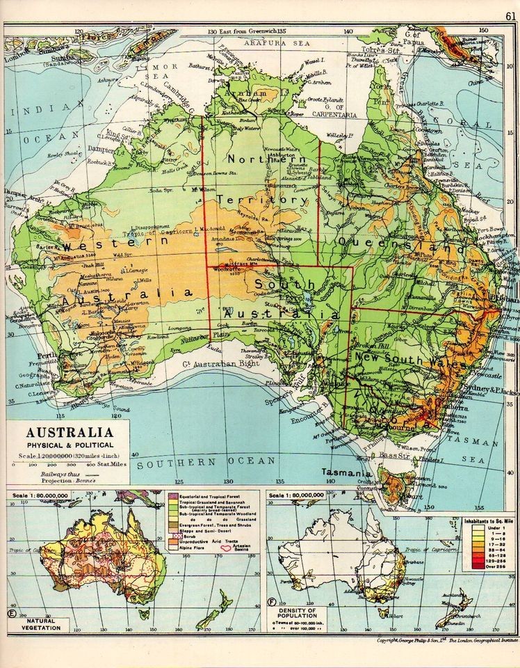 MAP ~ AUSTRALIA ~ PHYSICAL & POLITICAL ~ VEGETATION & DENSITY OF 