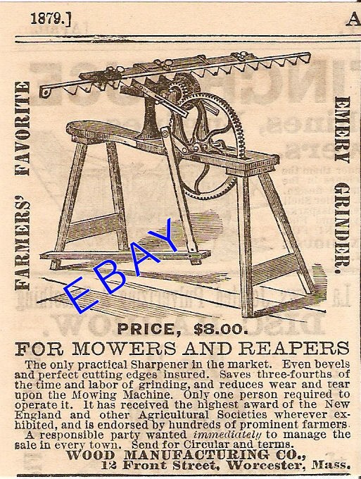 1879 WOOD MOWER & REAPER SICKLE GRINDER AD WORCESTER MA