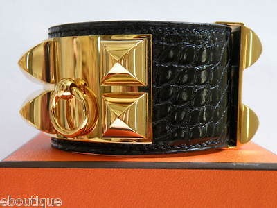 HERMES CDC Collier de Chien BLACK CROCODILE ALLIGATOR GOLD NEW MOST 