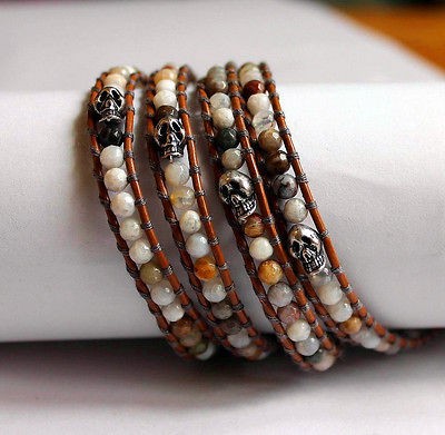 CHAN LUU Sterling Sliver Skull and Multi Stone Wrap Bracelet on Brown 