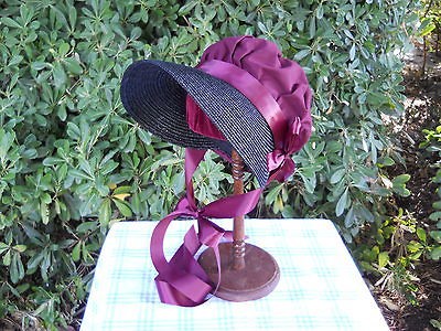 Regency Jane Austen Style Hat / Bonnet   Jane   Black & Burgundy